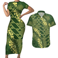 Green Aloha Hawaii Couples Matching Short Sleeve Bodycon Dress and Hawaiian Shirt Hawaiian Kakau Ohia Lehua Lei LT14 Green - Polynesian Pride