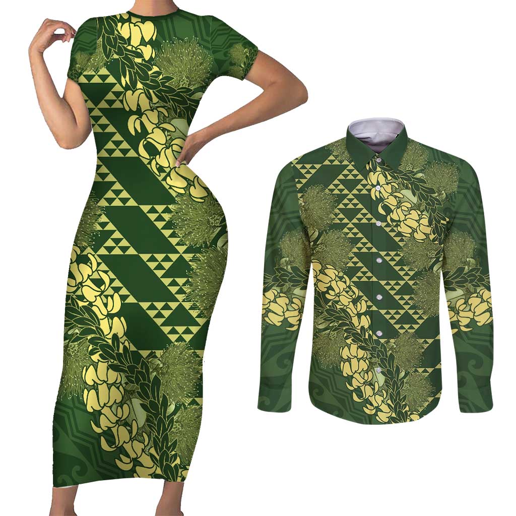 Green Aloha Hawaii Couples Matching Short Sleeve Bodycon Dress and Long Sleeve Button Shirt Hawaiian Kakau Ohia Lehua Lei LT14 Green - Polynesian Pride