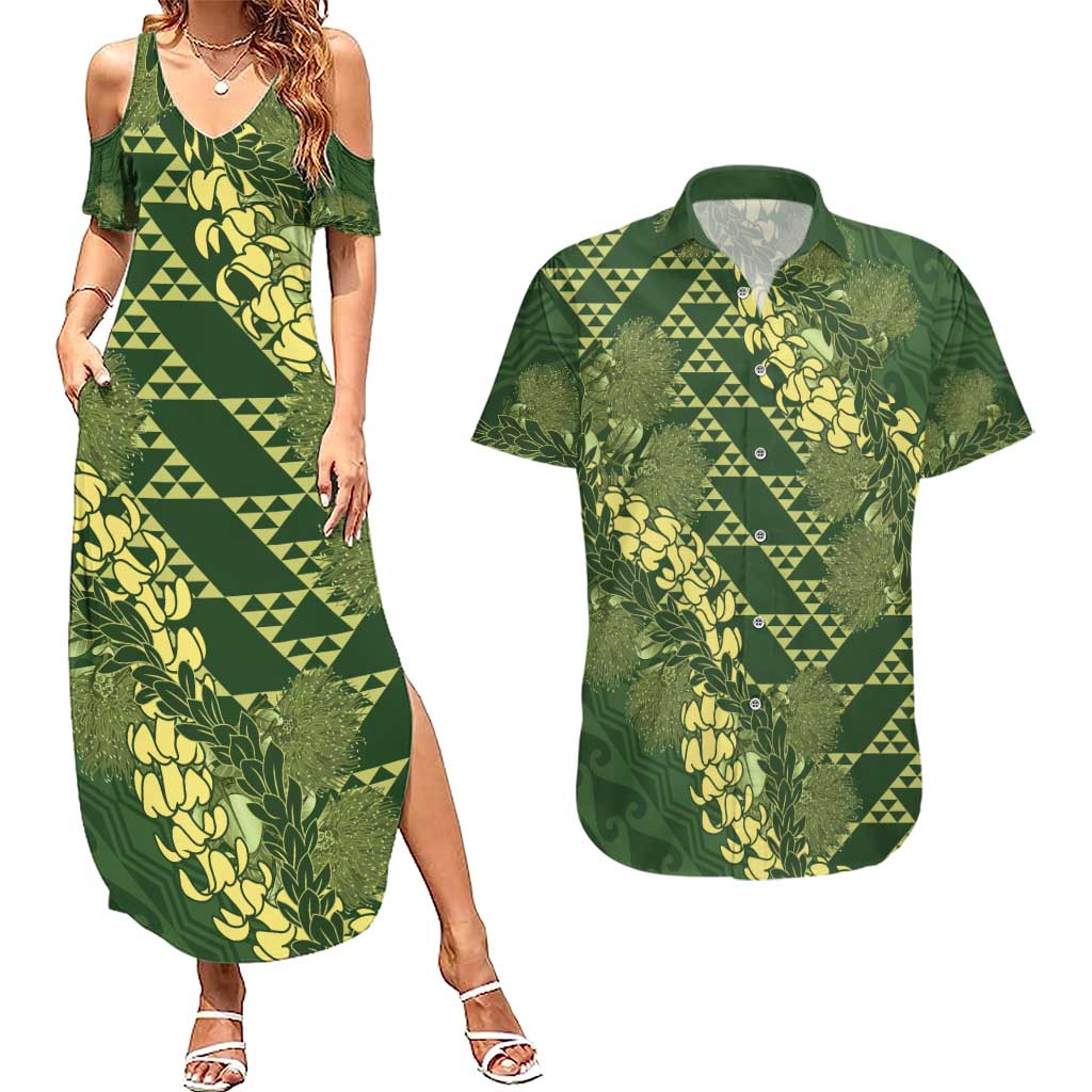 Green Aloha Hawaii Couples Matching Summer Maxi Dress and Hawaiian Shirt Hawaiian Kakau Ohia Lehua Lei LT14 Green - Polynesian Pride