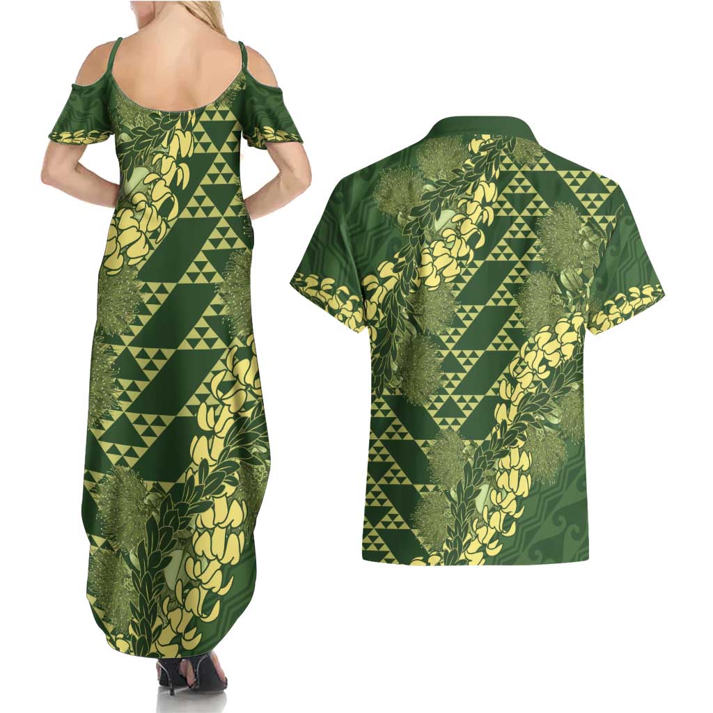 Green Aloha Hawaii Couples Matching Summer Maxi Dress and Hawaiian Shirt Hawaiian Kakau Ohia Lehua Lei LT14 - Polynesian Pride