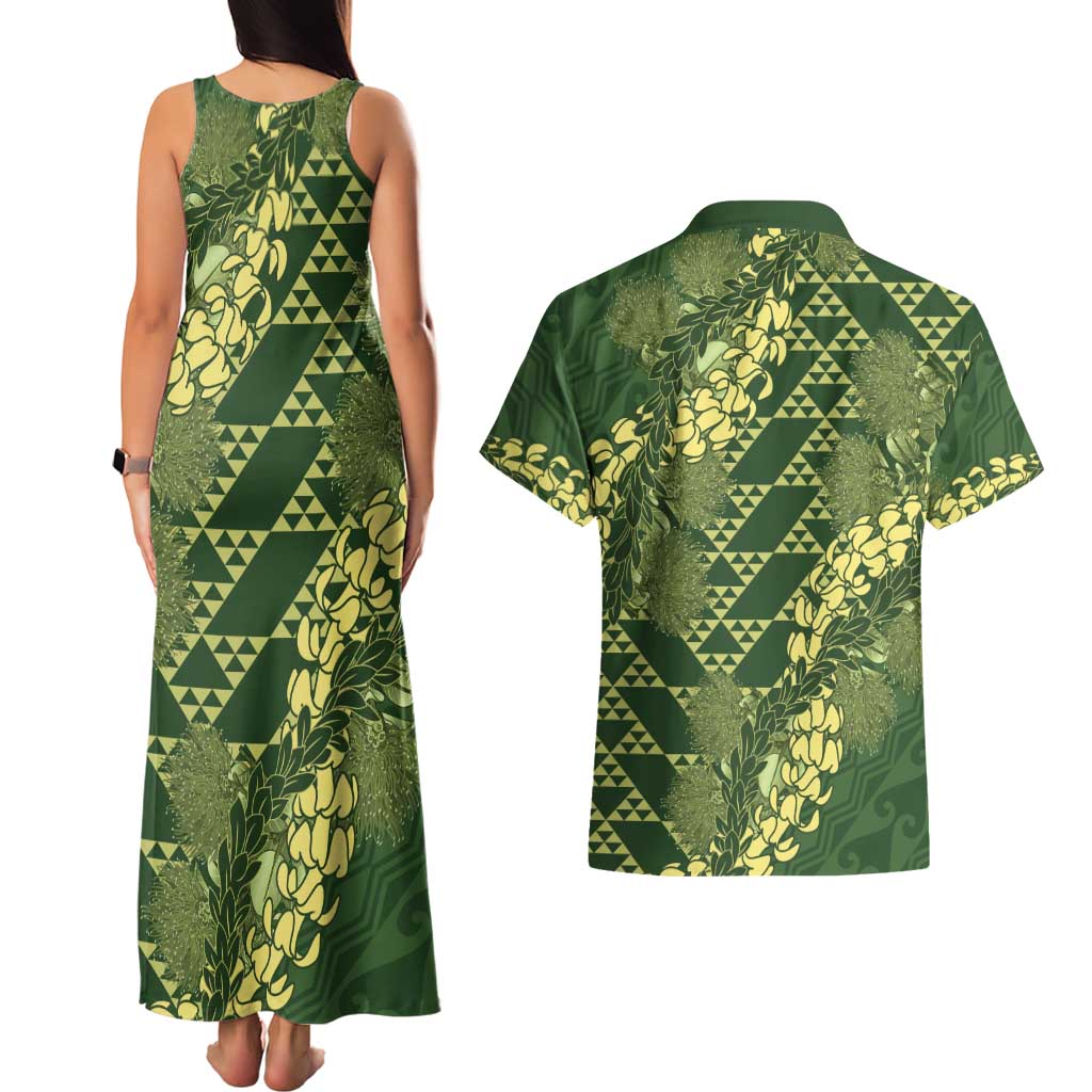 Green Aloha Hawaii Couples Matching Tank Maxi Dress and Hawaiian Shirt Hawaiian Kakau Ohia Lehua Lei LT14 - Polynesian Pride