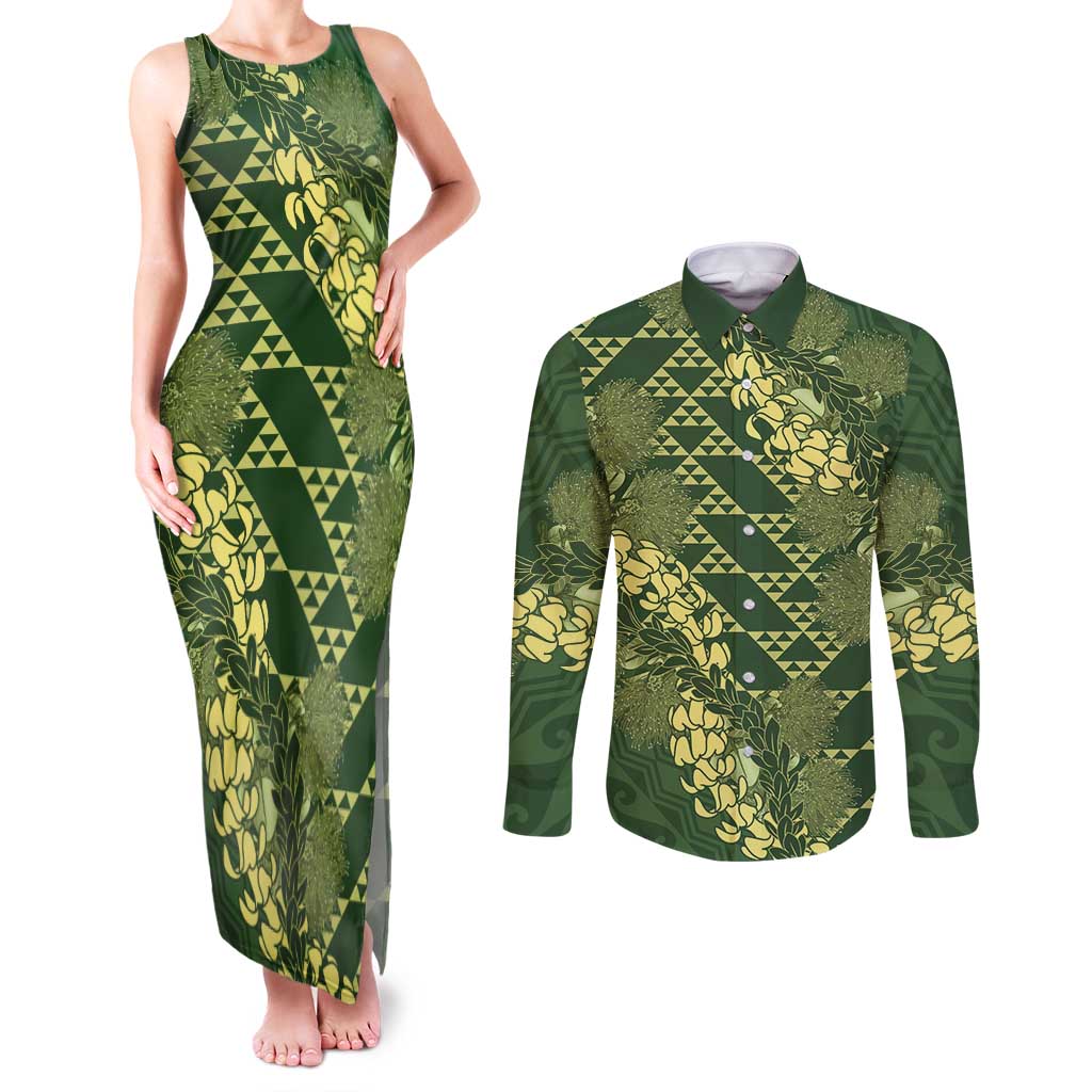 Green Aloha Hawaii Couples Matching Tank Maxi Dress and Long Sleeve Button Shirt Hawaiian Kakau Ohia Lehua Lei LT14 Green - Polynesian Pride