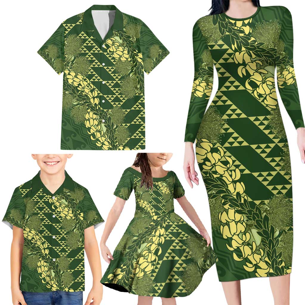 Green Aloha Hawaii Family Matching Long Sleeve Bodycon Dress and Hawaiian Shirt Hawaiian Kakau Ohia Lehua Lei LT14 - Polynesian Pride