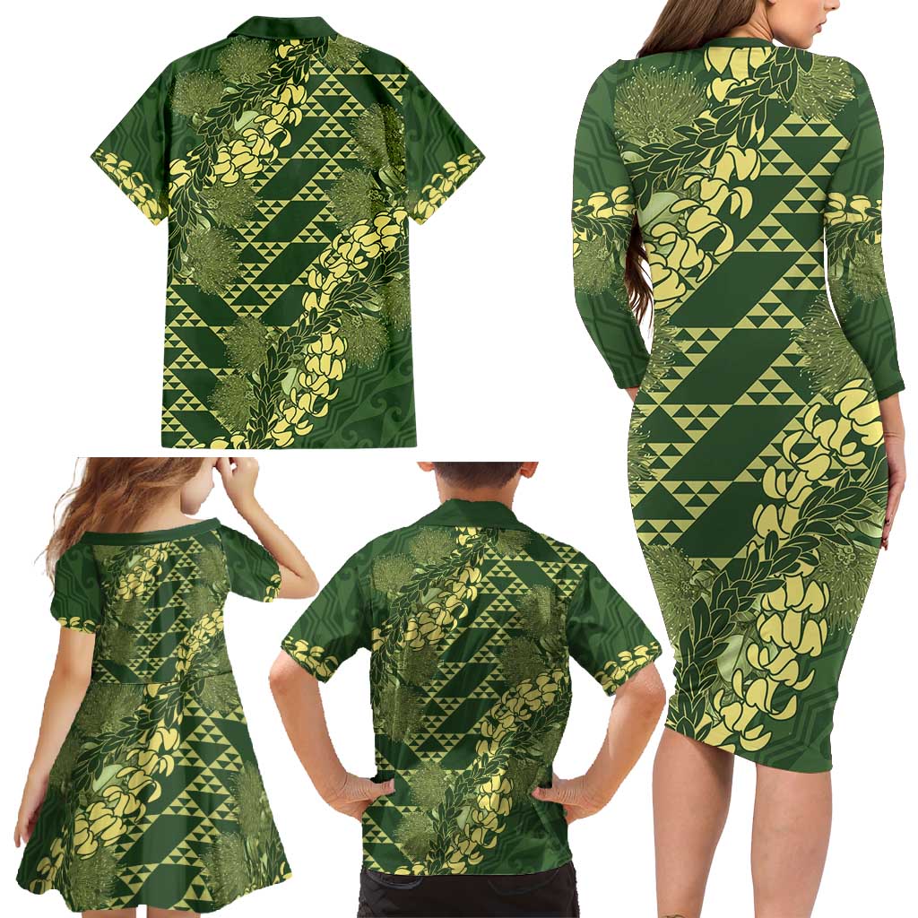 Green Aloha Hawaii Family Matching Long Sleeve Bodycon Dress and Hawaiian Shirt Hawaiian Kakau Ohia Lehua Lei LT14 - Polynesian Pride