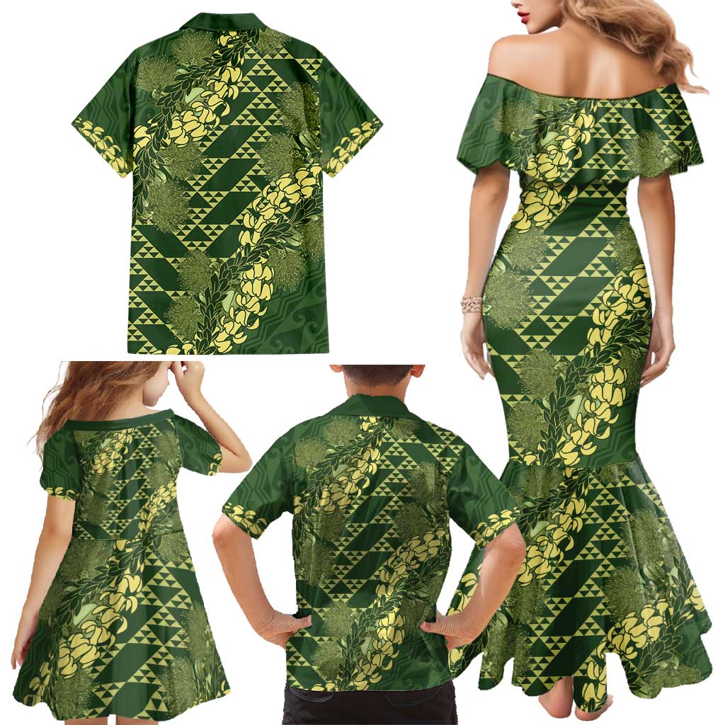 Green Aloha Hawaii Family Matching Mermaid Dress and Hawaiian Shirt Hawaiian Kakau Ohia Lehua Lei LT14 - Polynesian Pride