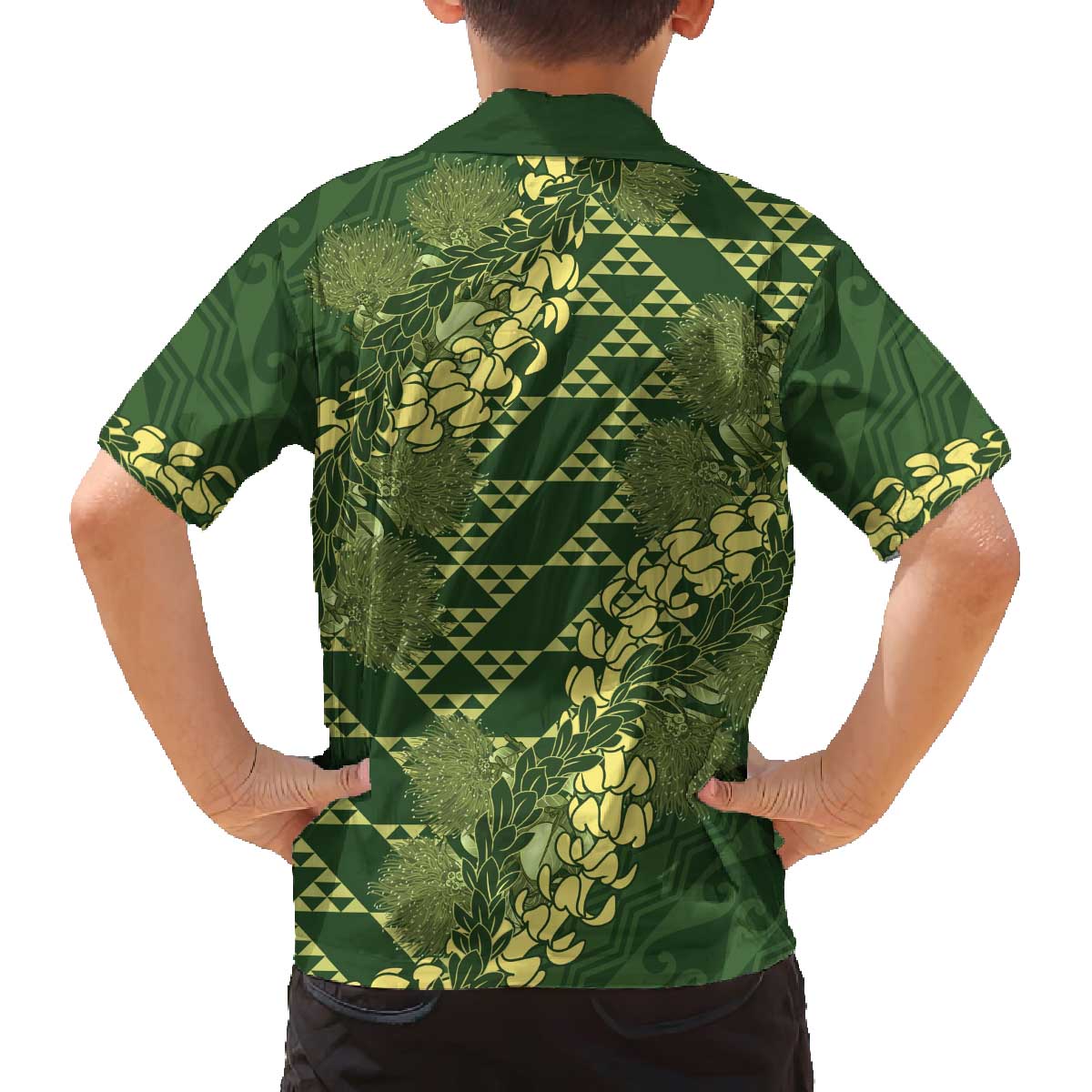 Green Aloha Hawaii Family Matching Off The Shoulder Long Sleeve Dress and Hawaiian Shirt Hawaiian Kakau Ohia Lehua Lei LT14 - Polynesian Pride