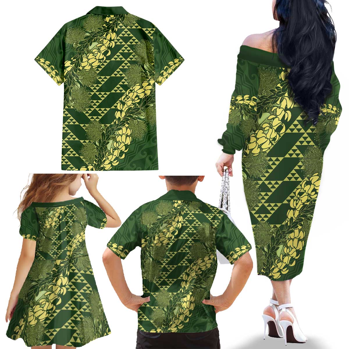 Green Aloha Hawaii Family Matching Off The Shoulder Long Sleeve Dress and Hawaiian Shirt Hawaiian Kakau Ohia Lehua Lei LT14 - Polynesian Pride