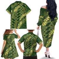 Green Aloha Hawaii Family Matching Off The Shoulder Long Sleeve Dress and Hawaiian Shirt Hawaiian Kakau Ohia Lehua Lei LT14 - Polynesian Pride