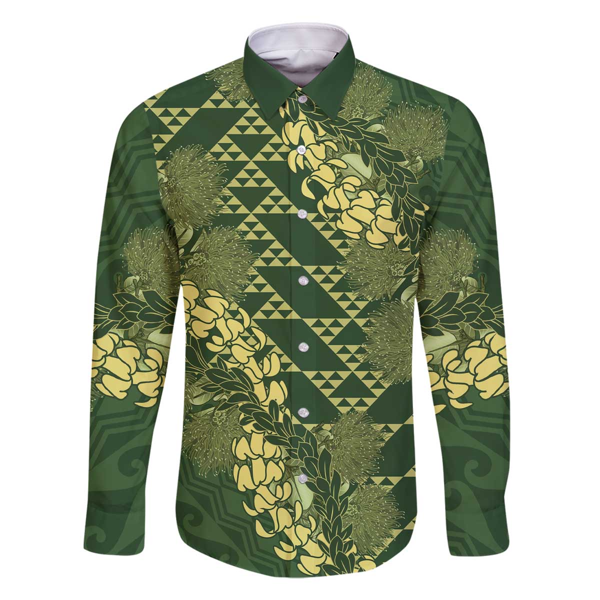 Green Aloha Hawaii Family Matching Off The Shoulder Long Sleeve Dress and Hawaiian Shirt Hawaiian Kakau Ohia Lehua Lei LT14 Dad's Shirt - Long Sleeve Green - Polynesian Pride