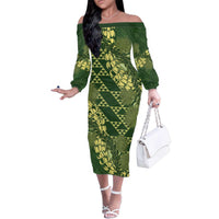 Green Aloha Hawaii Family Matching Off The Shoulder Long Sleeve Dress and Hawaiian Shirt Hawaiian Kakau Ohia Lehua Lei LT14 Mom's Dress Green - Polynesian Pride