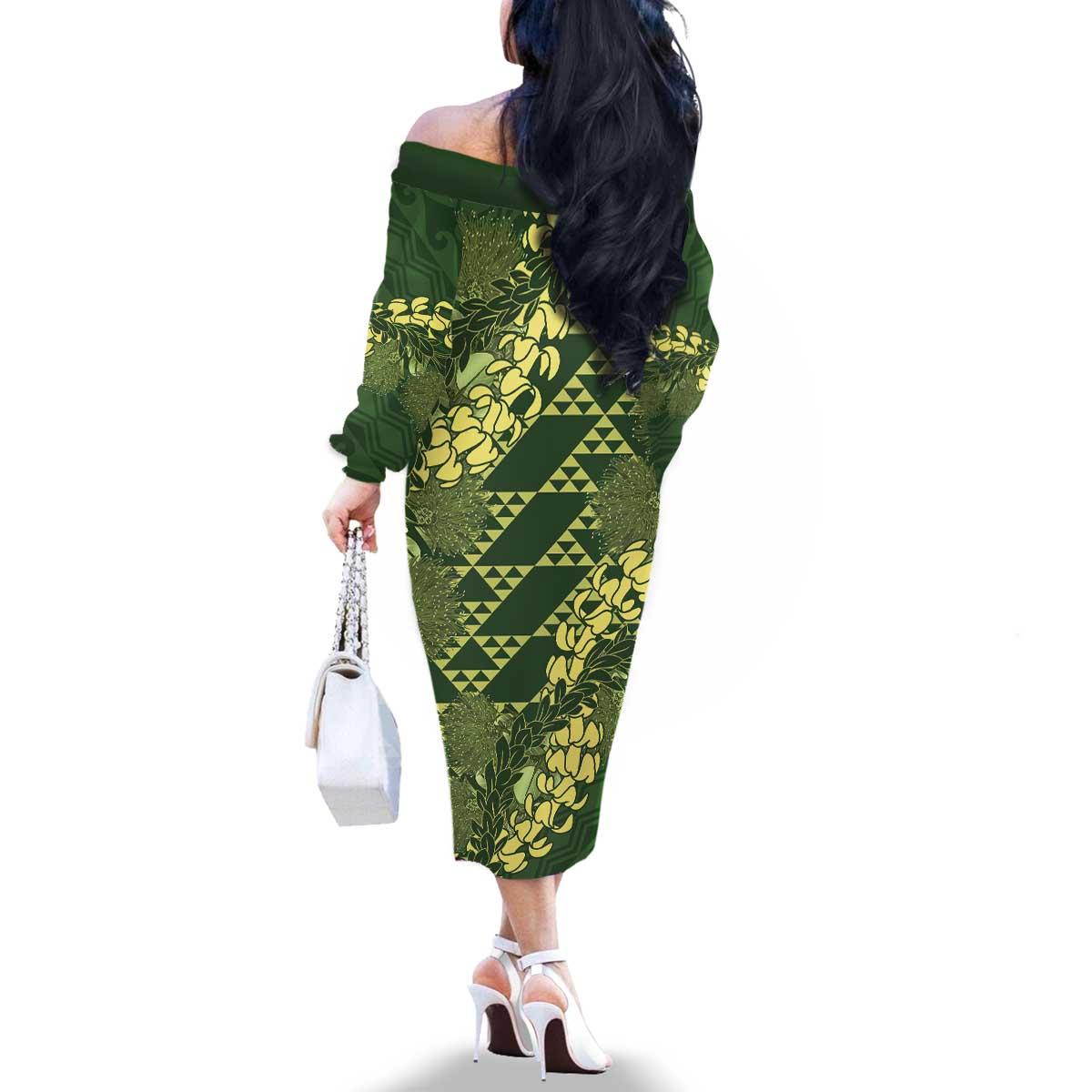 Green Aloha Hawaii Family Matching Off The Shoulder Long Sleeve Dress and Hawaiian Shirt Hawaiian Kakau Ohia Lehua Lei LT14 - Polynesian Pride