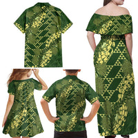 Green Aloha Hawaii Family Matching Off Shoulder Maxi Dress and Hawaiian Shirt Hawaiian Kakau Ohia Lehua Lei LT14 - Polynesian Pride