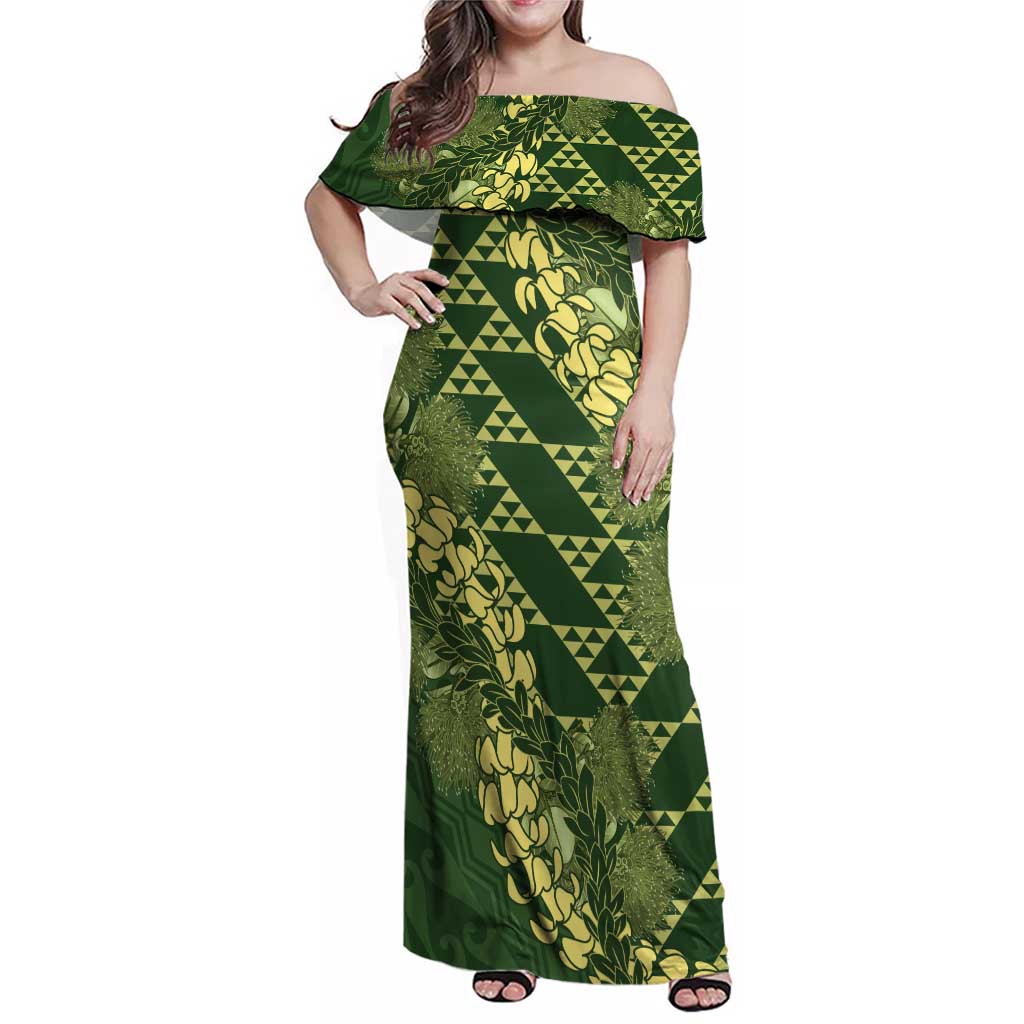 Green Aloha Hawaii Family Matching Off Shoulder Maxi Dress and Hawaiian Shirt Hawaiian Kakau Ohia Lehua Lei LT14 Mom's Dress Green - Polynesian Pride