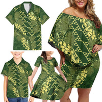 Green Aloha Hawaii Family Matching Off Shoulder Short Dress and Hawaiian Shirt Hawaiian Kakau Ohia Lehua Lei LT14 - Polynesian Pride
