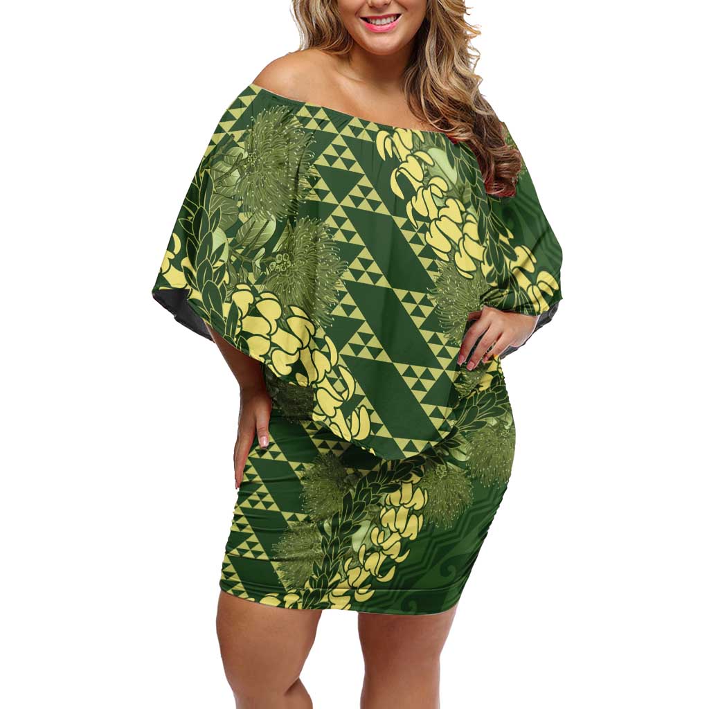 Green Aloha Hawaii Family Matching Off Shoulder Short Dress and Hawaiian Shirt Hawaiian Kakau Ohia Lehua Lei LT14 Mom's Dress Green - Polynesian Pride