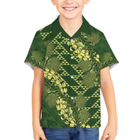 Green Aloha Hawaii Family Matching Off Shoulder Short Dress and Hawaiian Shirt Hawaiian Kakau Ohia Lehua Lei LT14 Son's Shirt Green - Polynesian Pride