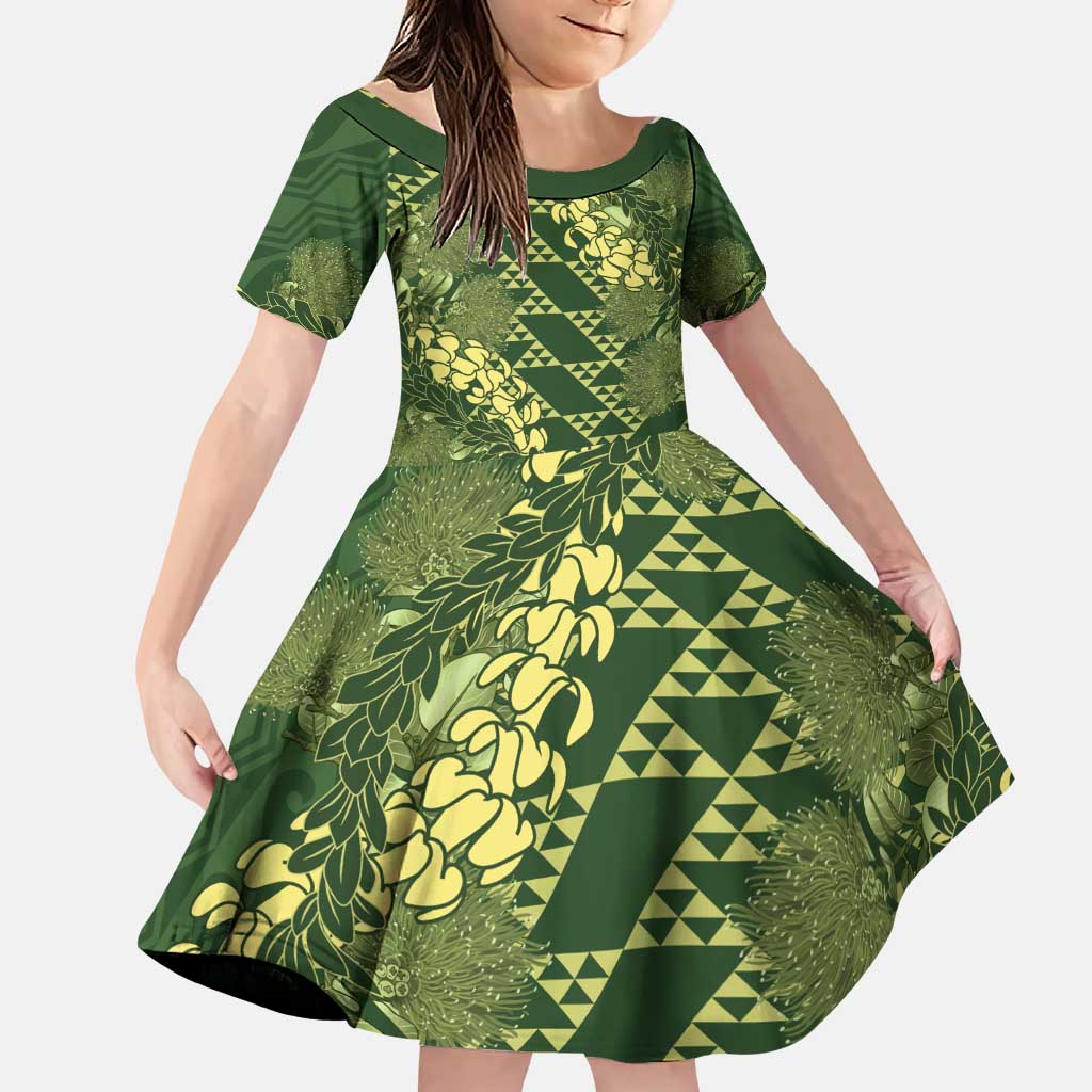 Green Aloha Hawaii Family Matching Puletasi and Hawaiian Shirt Hawaiian Kakau Ohia Lehua Lei LT14 Daughter's Dress Green - Polynesian Pride