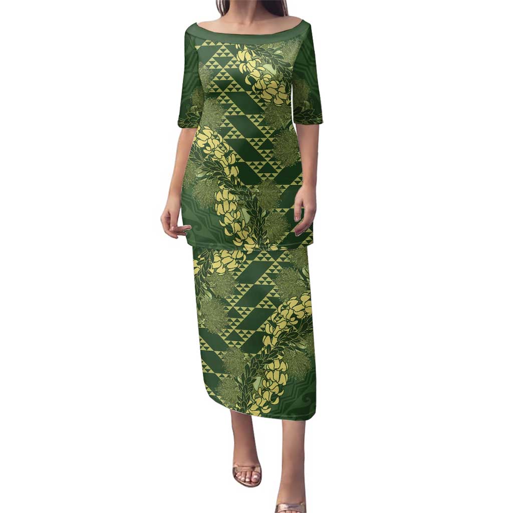 Green Aloha Hawaii Family Matching Puletasi and Hawaiian Shirt Hawaiian Kakau Ohia Lehua Lei LT14 Mom's Dress Green - Polynesian Pride