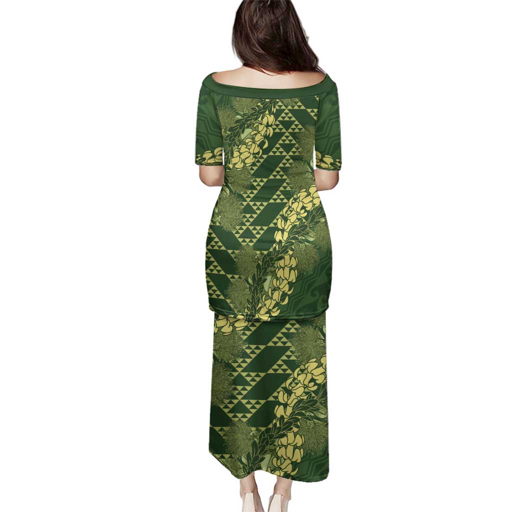 Green Aloha Hawaii Family Matching Puletasi and Hawaiian Shirt Hawaiian Kakau Ohia Lehua Lei LT14 - Polynesian Pride