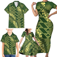 Green Aloha Hawaii Family Matching Short Sleeve Bodycon Dress and Hawaiian Shirt Hawaiian Kakau Ohia Lehua Lei LT14 - Polynesian Pride