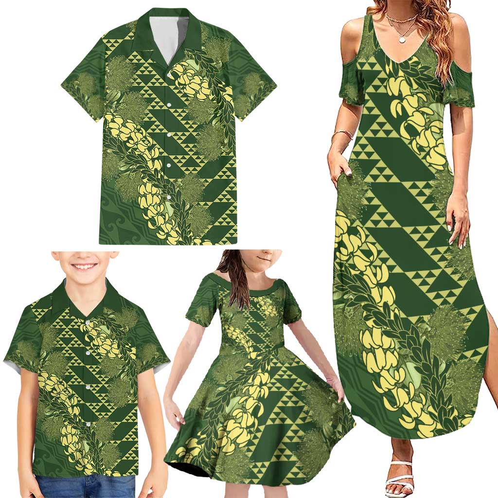 Green Aloha Hawaii Family Matching Summer Maxi Dress and Hawaiian Shirt Hawaiian Kakau Ohia Lehua Lei LT14 - Polynesian Pride
