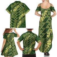 Green Aloha Hawaii Family Matching Summer Maxi Dress and Hawaiian Shirt Hawaiian Kakau Ohia Lehua Lei LT14 - Polynesian Pride