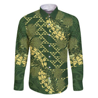 Green Aloha Hawaii Family Matching Summer Maxi Dress and Hawaiian Shirt Hawaiian Kakau Ohia Lehua Lei LT14 Dad's Shirt - Long Sleeve Green - Polynesian Pride