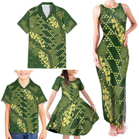 Green Aloha Hawaii Family Matching Tank Maxi Dress and Hawaiian Shirt Hawaiian Kakau Ohia Lehua Lei LT14 - Polynesian Pride