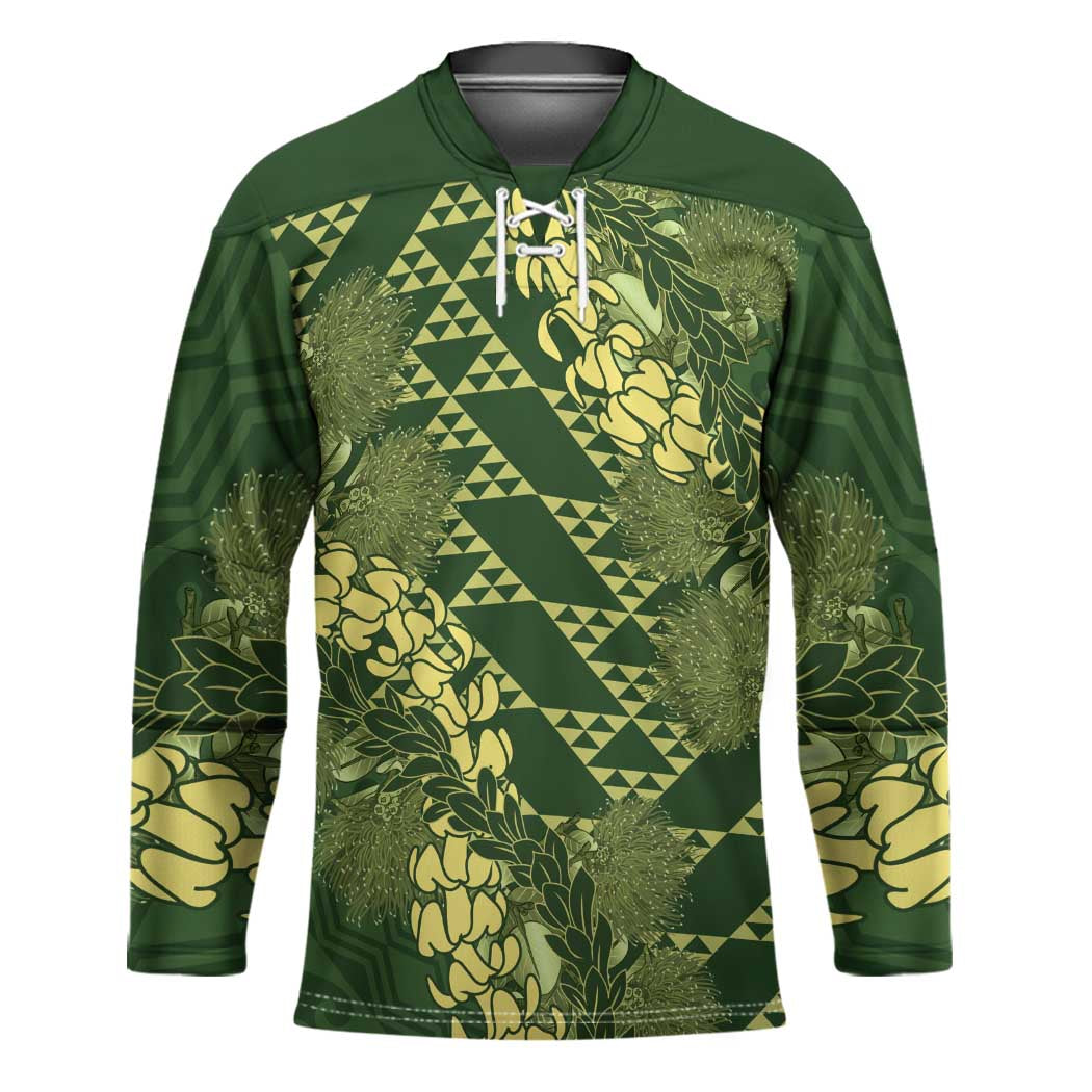 Green Aloha Hawaii Hockey Jersey Hawaiian Kakau Ohia Lehua Lei LT14 Unisex Green - Polynesian Pride