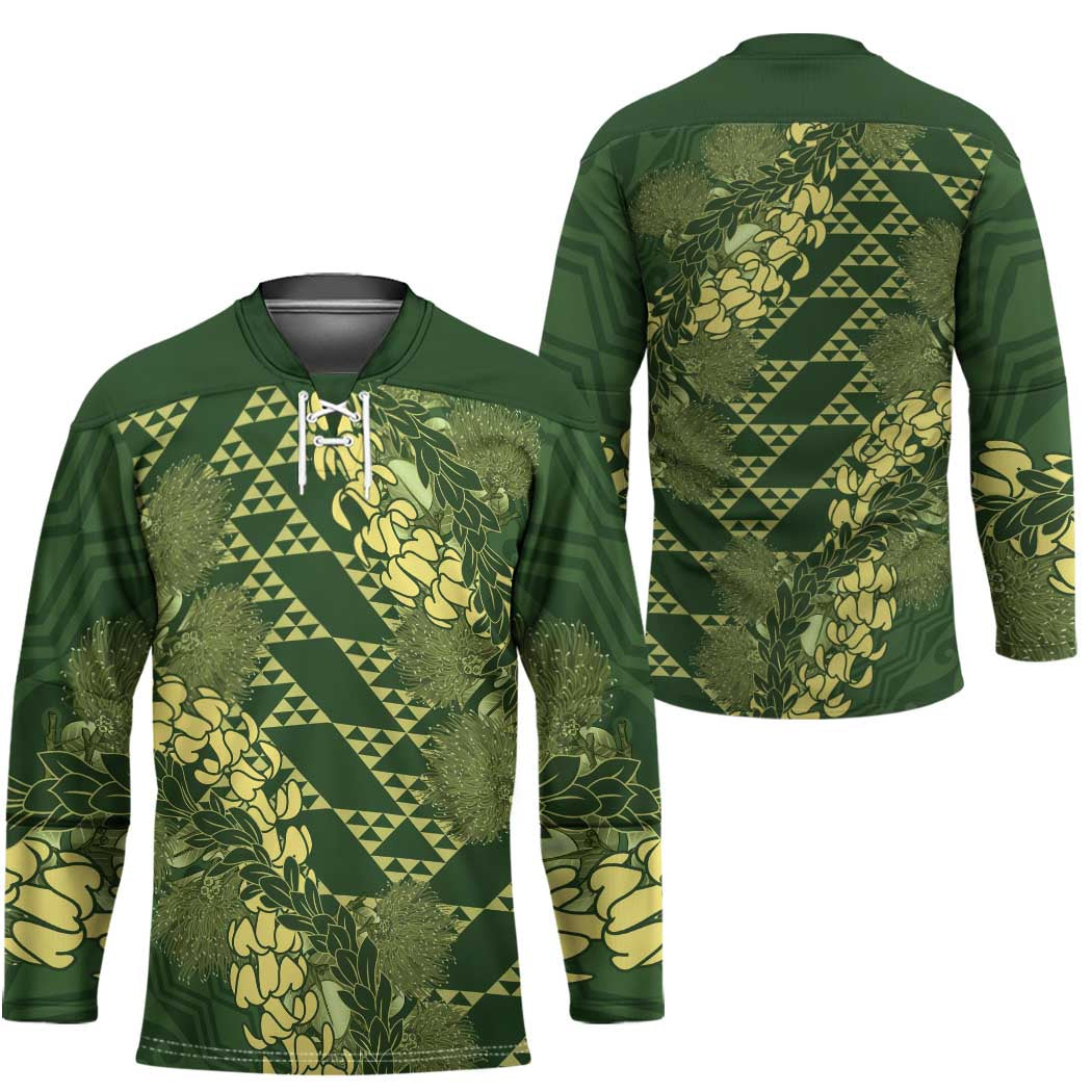 Green Aloha Hawaii Hockey Jersey Hawaiian Kakau Ohia Lehua Lei LT14 - Polynesian Pride