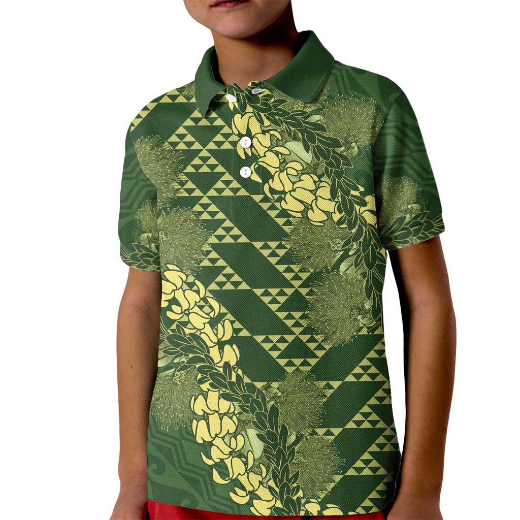 Green Aloha Hawaii Kid Polo Shirt Hawaiian Kakau Ohia Lehua Lei LT14 Kid Green - Polynesian Pride