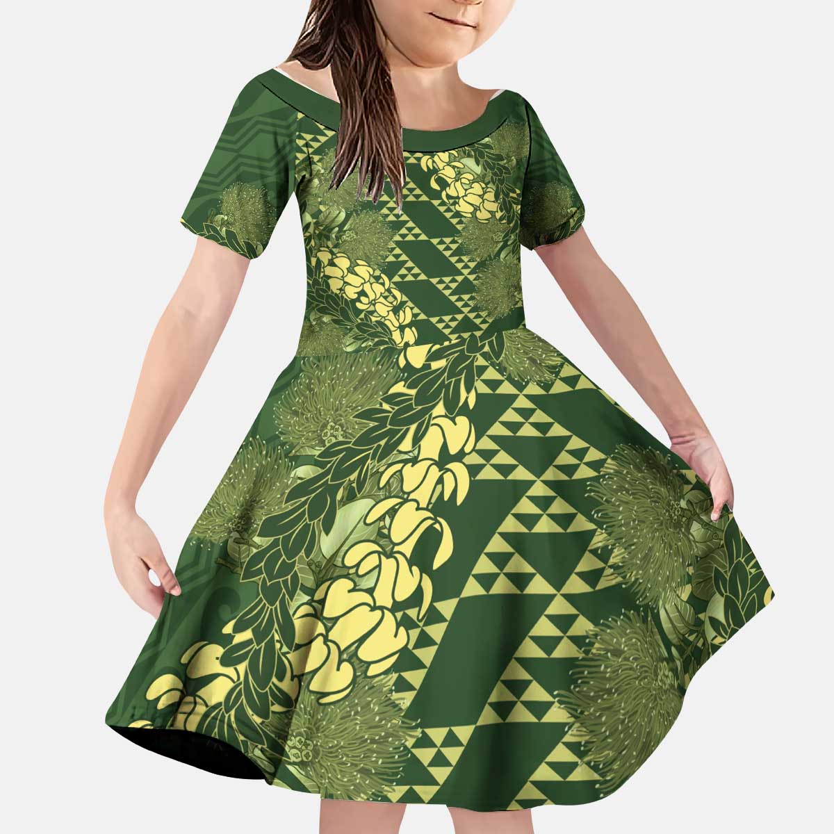 Green Aloha Hawaii Kid Short Sleeve Dress Hawaiian Kakau Ohia Lehua Lei LT14 KID Green - Polynesian Pride