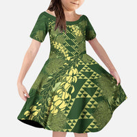 Green Aloha Hawaii Kid Short Sleeve Dress Hawaiian Kakau Ohia Lehua Lei LT14 KID Green - Polynesian Pride