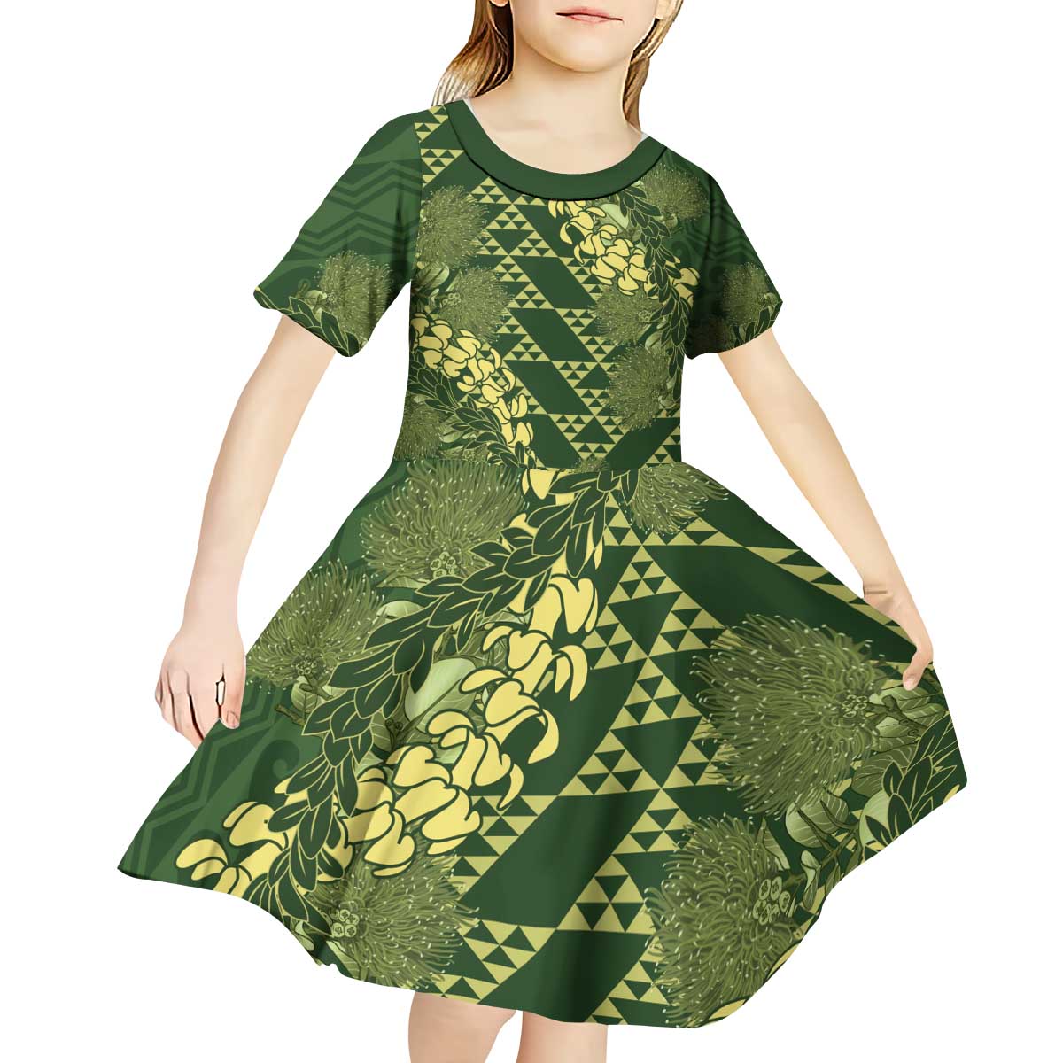Green Aloha Hawaii Kid Short Sleeve Dress Hawaiian Kakau Ohia Lehua Lei LT14 - Polynesian Pride