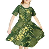 Green Aloha Hawaii Kid Short Sleeve Dress Hawaiian Kakau Ohia Lehua Lei LT14 - Polynesian Pride
