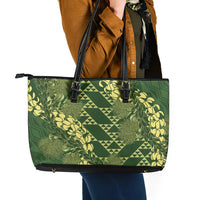 Green Aloha Hawaii Leather Tote Bag Hawaiian Kakau Ohia Lehua Lei - Polynesian Pride