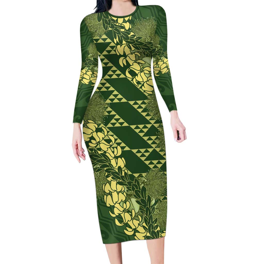 Green Aloha Hawaii Long Sleeve Bodycon Dress Hawaiian Kakau Ohia Lehua Lei LT14 Long Dress Green - Polynesian Pride