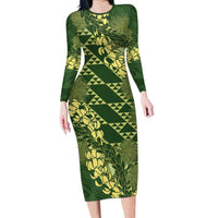 Green Aloha Hawaii Long Sleeve Bodycon Dress Hawaiian Kakau Ohia Lehua Lei LT14 Long Dress Green - Polynesian Pride
