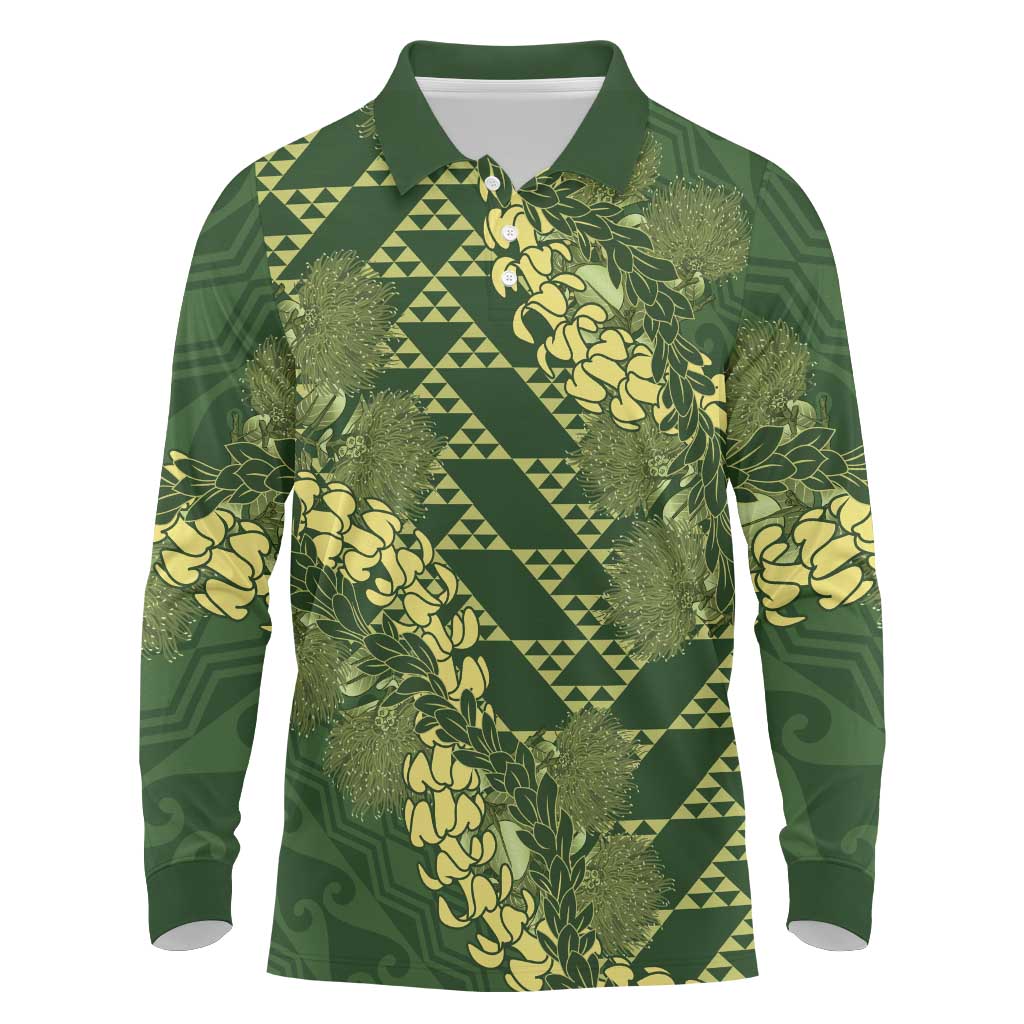 Green Aloha Hawaii Long Sleeve Polo Shirt Hawaiian Kakau Ohia Lehua Lei LT14 Green - Polynesian Pride