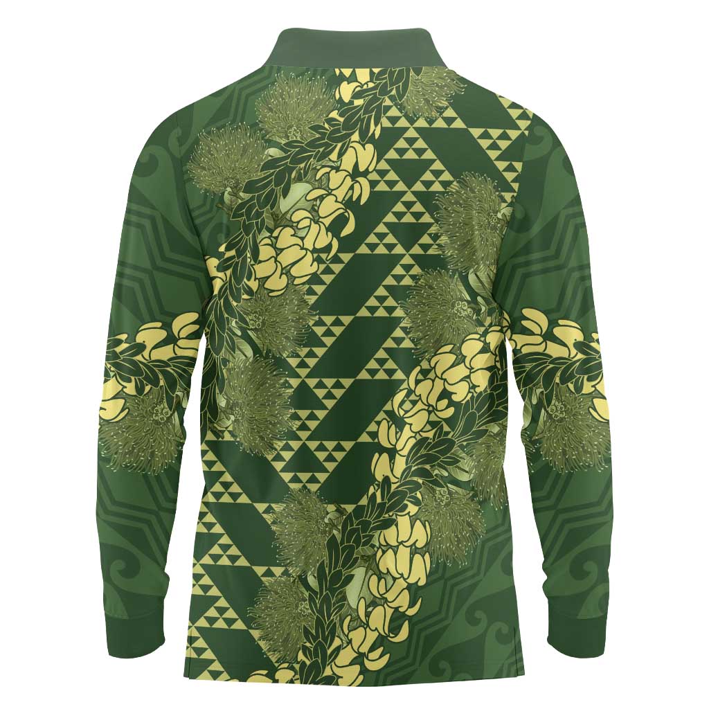 Green Aloha Hawaii Long Sleeve Polo Shirt Hawaiian Kakau Ohia Lehua Lei LT14 - Polynesian Pride