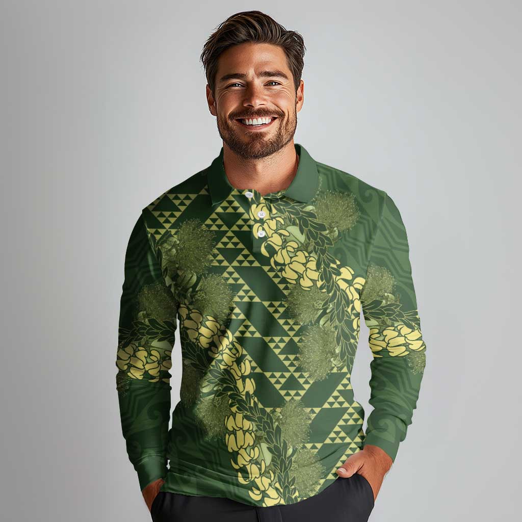 Green Aloha Hawaii Long Sleeve Polo Shirt Hawaiian Kakau Ohia Lehua Lei LT14 - Polynesian Pride