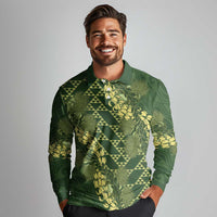 Green Aloha Hawaii Long Sleeve Polo Shirt Hawaiian Kakau Ohia Lehua Lei LT14 - Polynesian Pride