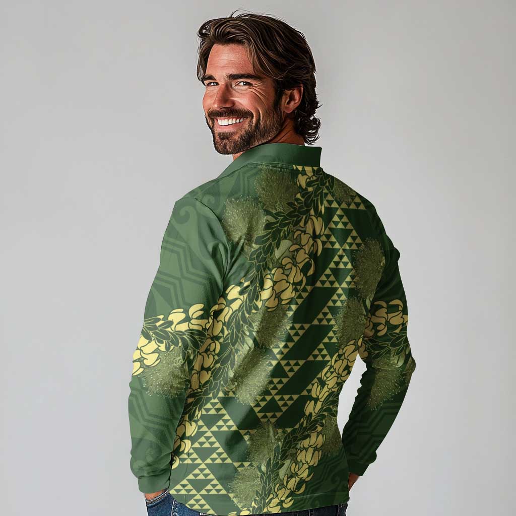 Green Aloha Hawaii Long Sleeve Polo Shirt Hawaiian Kakau Ohia Lehua Lei LT14 - Polynesian Pride