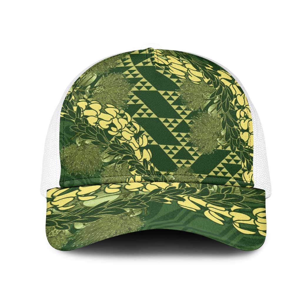 Green Aloha Hawaii Mesh Trucker Cap Hawaiian Kakau Ohia Lehua Lei - Polynesian Pride