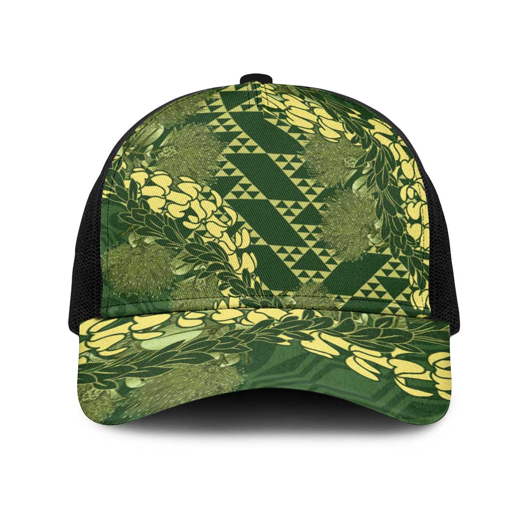 Green Aloha Hawaii Mesh Trucker Cap Hawaiian Kakau Ohia Lehua Lei - Polynesian Pride