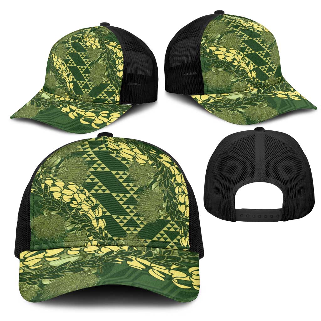 Green Aloha Hawaii Mesh Trucker Cap Hawaiian Kakau Ohia Lehua Lei - Polynesian Pride