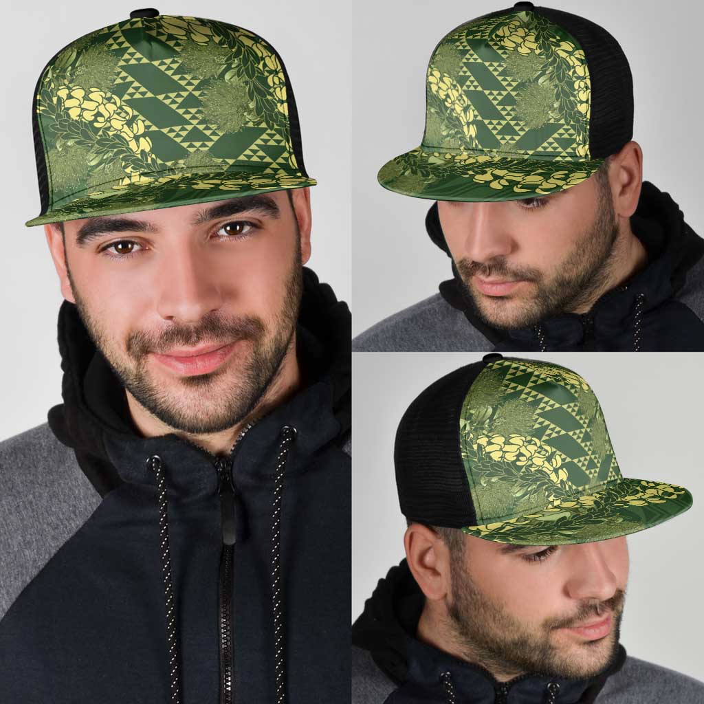 Green Aloha Hawaii Mesh Trucker Cap Hawaiian Kakau Ohia Lehua Lei - Polynesian Pride