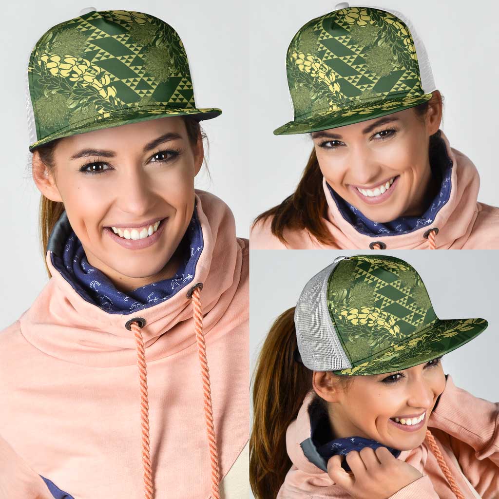 Green Aloha Hawaii Mesh Trucker Cap Hawaiian Kakau Ohia Lehua Lei - Polynesian Pride