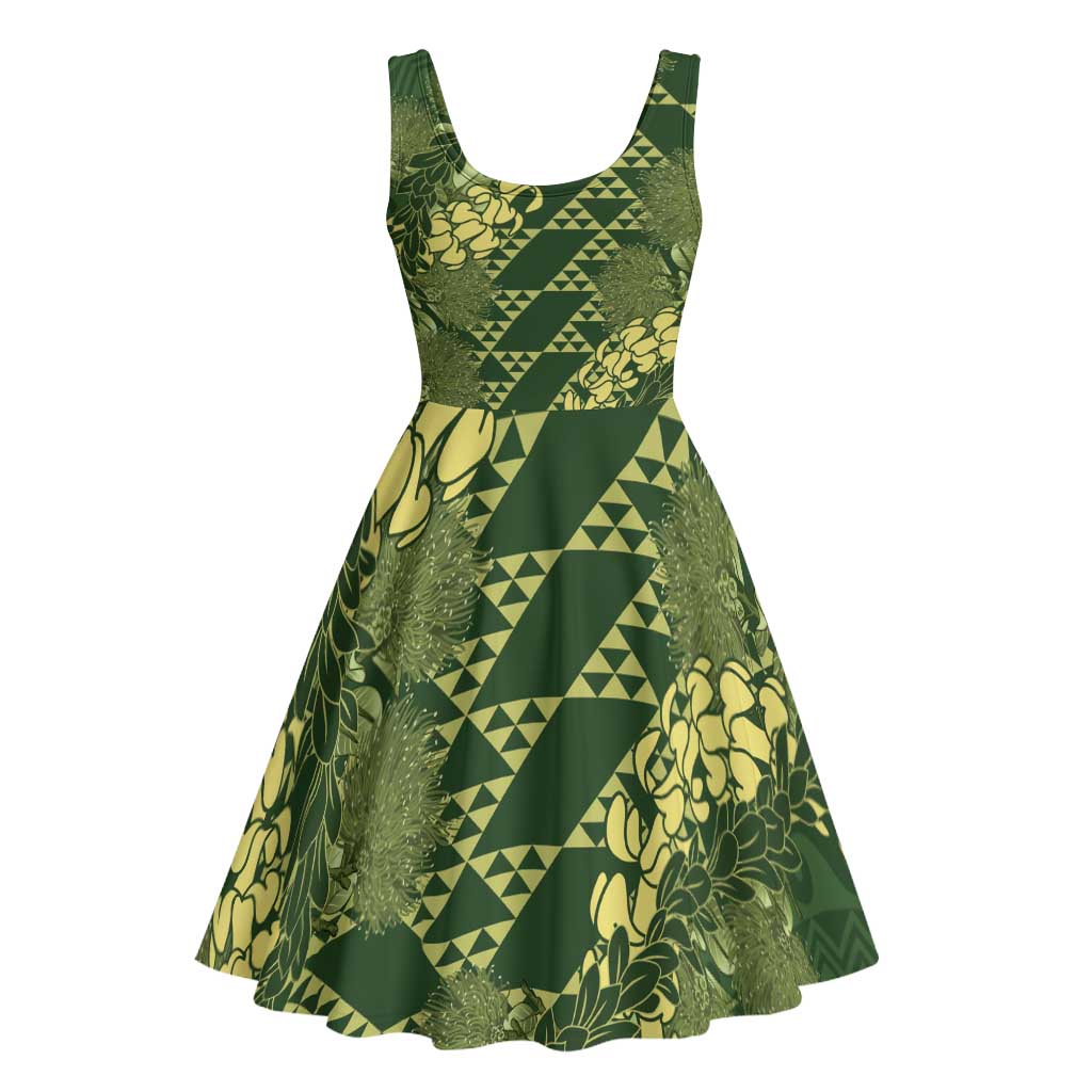 Green Aloha Hawaii Midi Dress Hawaiian Kakau Ohia Lehua Lei LT14 - Polynesian Pride