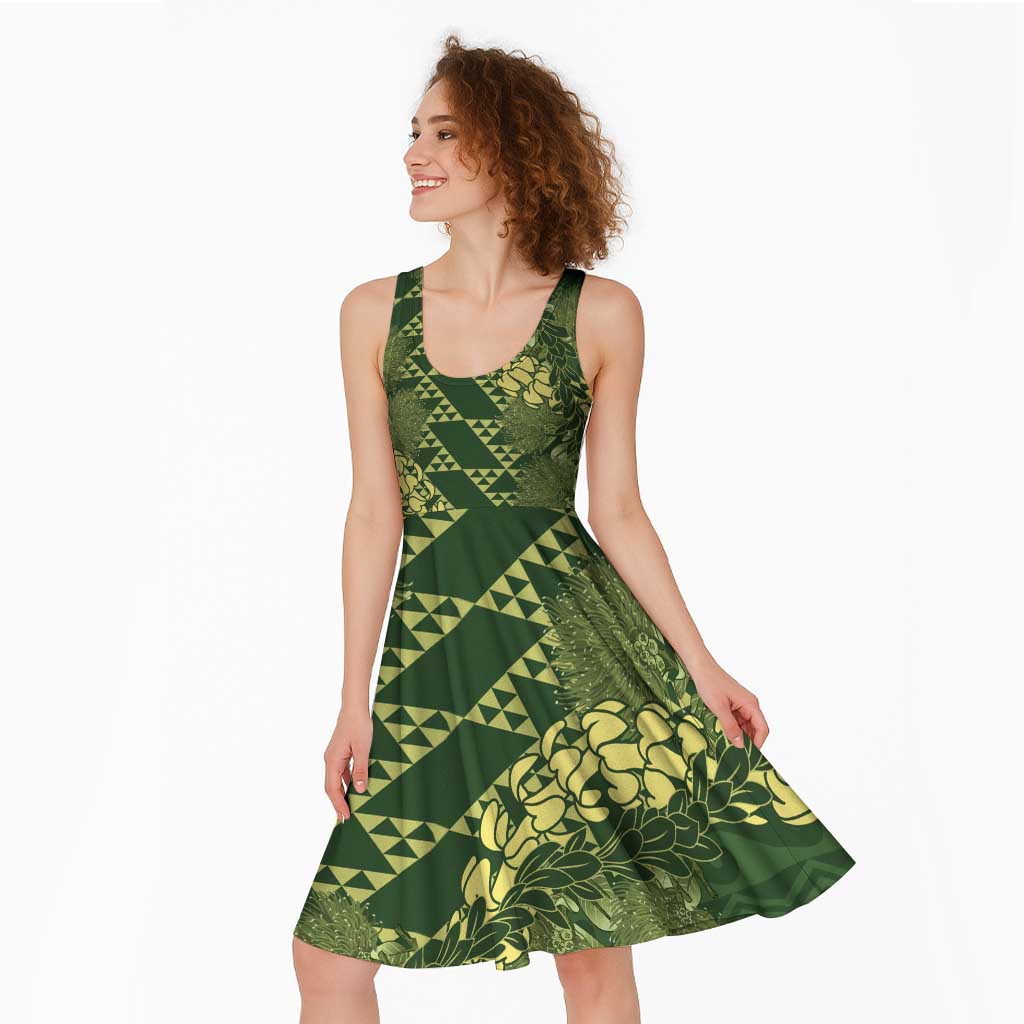 Green Aloha Hawaii Midi Dress Hawaiian Kakau Ohia Lehua Lei LT14 - Polynesian Pride